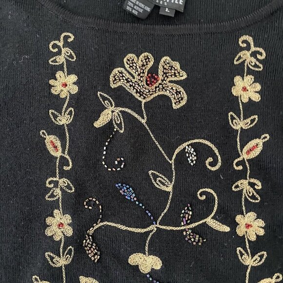 Carole Little Wool Beaded Embroidered Knit Sweater Women Size Large Black Floral - Picture 4 of 10